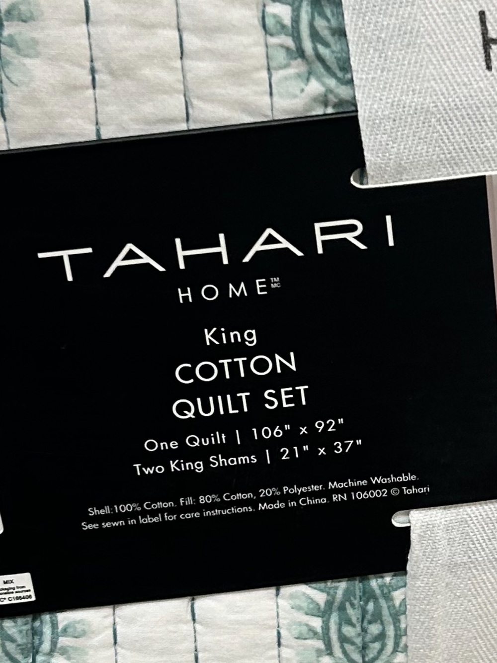 Tahari Green and White King Cotton Quilt Set 106”x92” - Picture 3 of 3